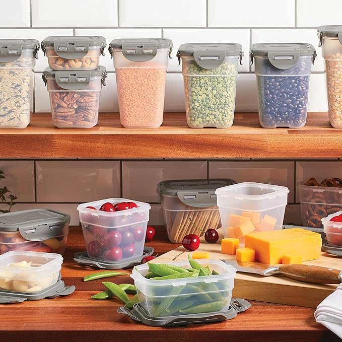 Rachael Ray Leak-Proof Stacking Container Food Storage Bin Set, 30-Piece, Clear with Gray Lids