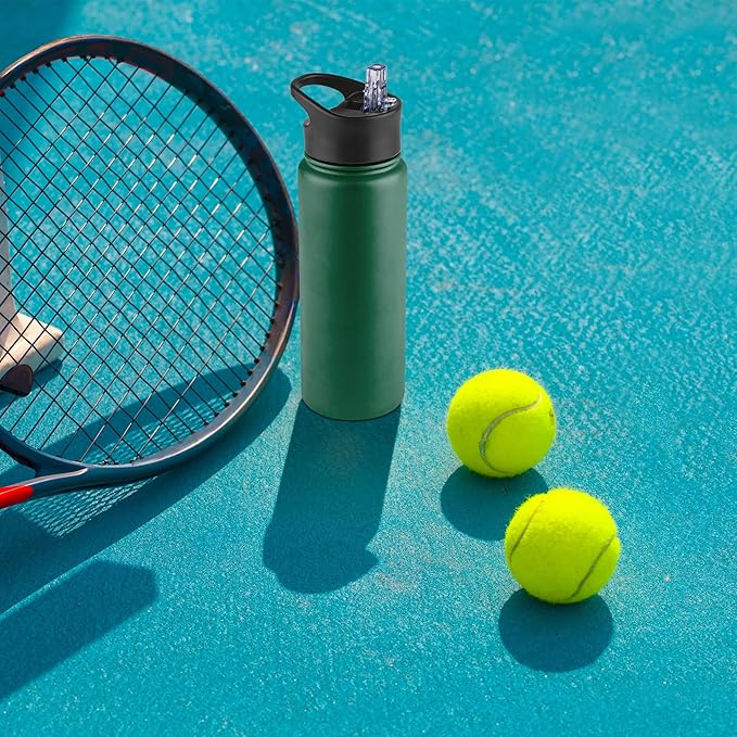 24 oz Insulated Water Bottle Bulk 4 Pack, Stainless Steel Sports Water Bottles with Straw Lid & Wide Mouth Lids, Double Walled Vacuum, Leak Proof, Dark Green