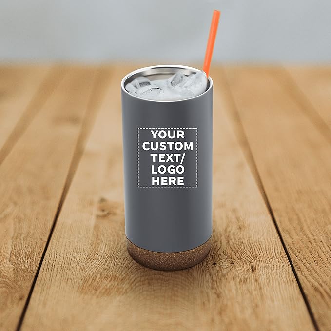 Custom Travel Tumblers with Cork Bottom 16 oz. Set of 10, Personalized Bulk Pack - Double Wall Insulated, Matte Finish, Perfect for Iced Coffee, Soda, Other Beverages - Grey