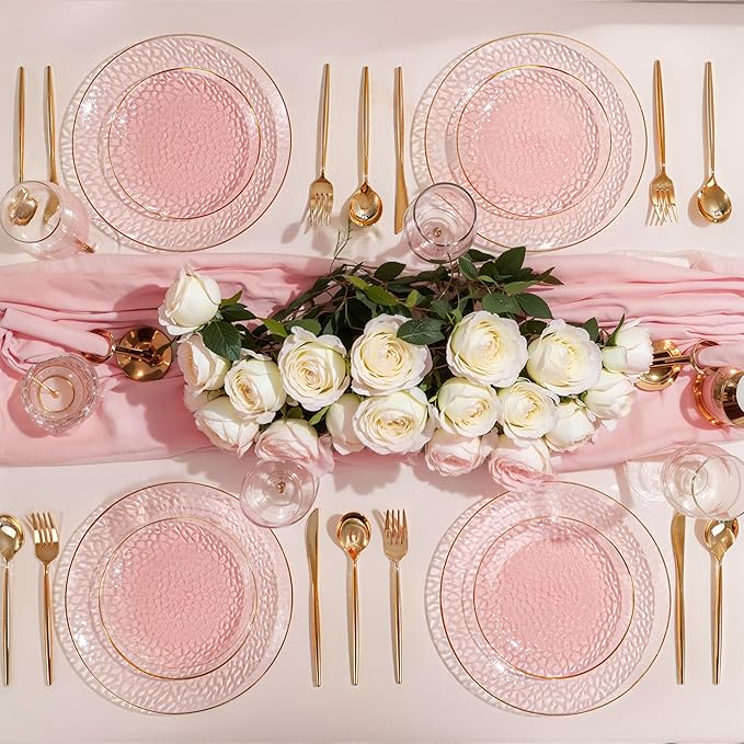 SUT 100Pcs Pink Plastic Plates, Hammered Plates Disposable Heavy Duty, Pink Disposable Plates With Gold Rim, Fancy Plastic plates Include 50 Dinner and 50 Dessert plates for Wedding