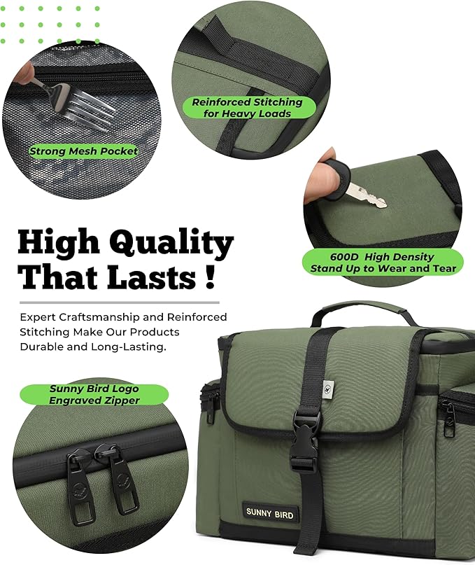 SUNNY BIRD Large Lunch Bag, Thermally Insulated Soft Cooler with Shoulder Strap for Women, Men (Khaki Green)