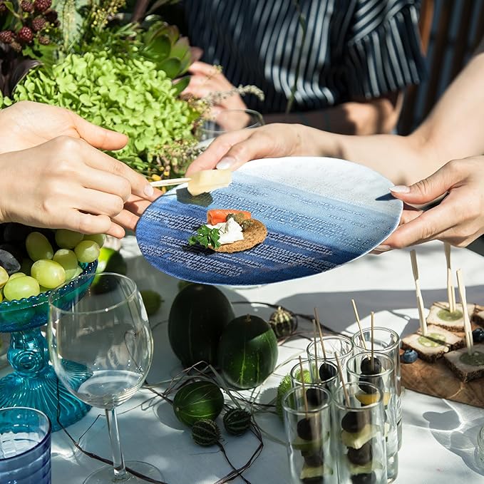 12 Piece Melamine Dishes Set for 4, Unbreakable Plates and Bowls Sets for Camping, Lightweight dinnerware set, Kind to kids, Dishwasher Safe, Ideal for RV, Sky Blue and White Retro