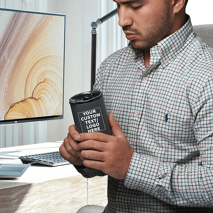 DISCOUNT PROMOS Custom Travel Tumblers with Cork Bottom 16 oz. Set of 1, Personalized Bulk Pack - Double Wall Insulated, Matte Finish, Perfect for Iced Coffee, Soda, Other Beverages - Grey