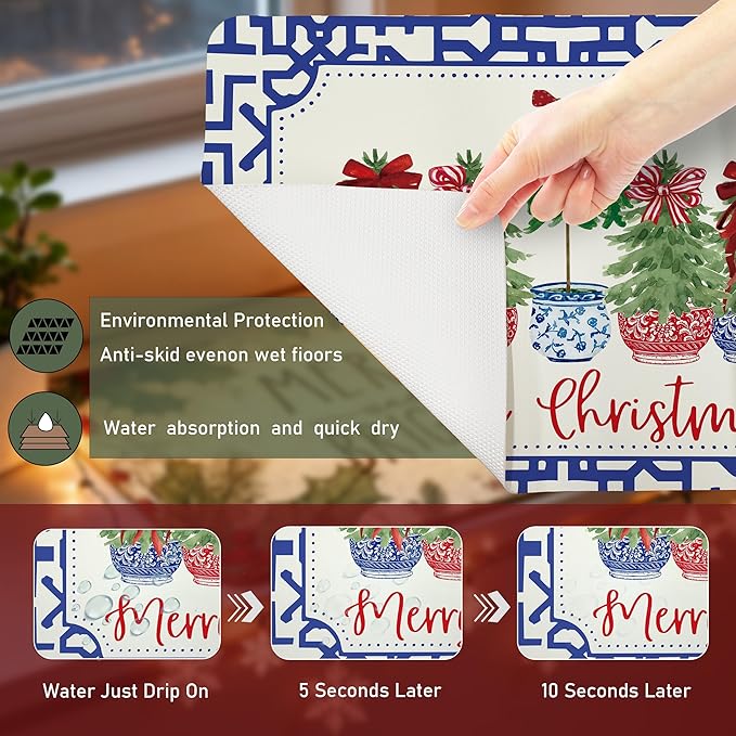 Chinoiserie Merry Christmas Tree Dish Drying Mat, Red Bow Xmas Tree Coffee Bar Mat for Countertops, Grandmillennial Xmas Absorbent Dish Drying Mats for Kitchen Counter Coffee Maker, 16x24 Inch