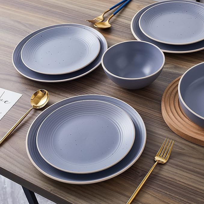 Stone Lain Lauren Stoneware, Rustic Plates and Bowls Set, Dinnerware, Service for 4, Speckled Light Gray, Dishwasher & Microwave Safe, 16-Piece