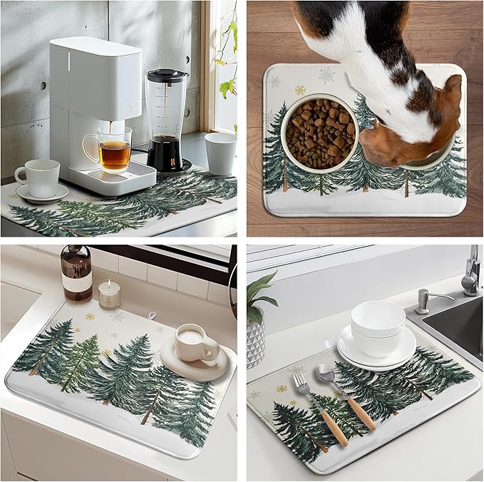 Winter Forest Dish Drying Mat Winter Snowflake Large Kitchen Mats Dish Drying Pad Christmas Tree Absorbent Dish Dryer Mat for Kitchen Countertops Microfiber Drainer Pad Dish Drying Mats (18x24 in)