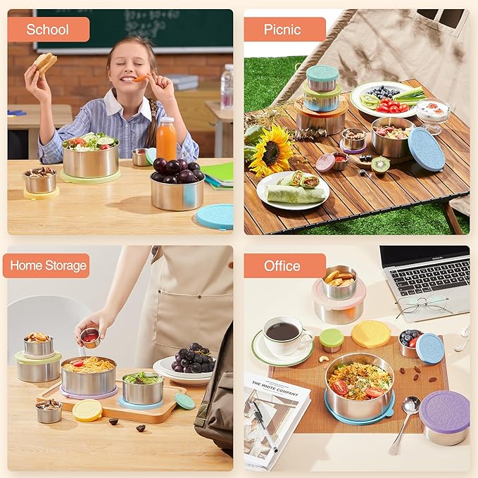 Stainless Steel Food Container, Set of 6, Nesting Bowls with Colorful Lids, stackable leakproof Metal Lunch Box Set for Kids, Daycare, School, Travel. Sauce Salad dressing Container to go (Serenity)