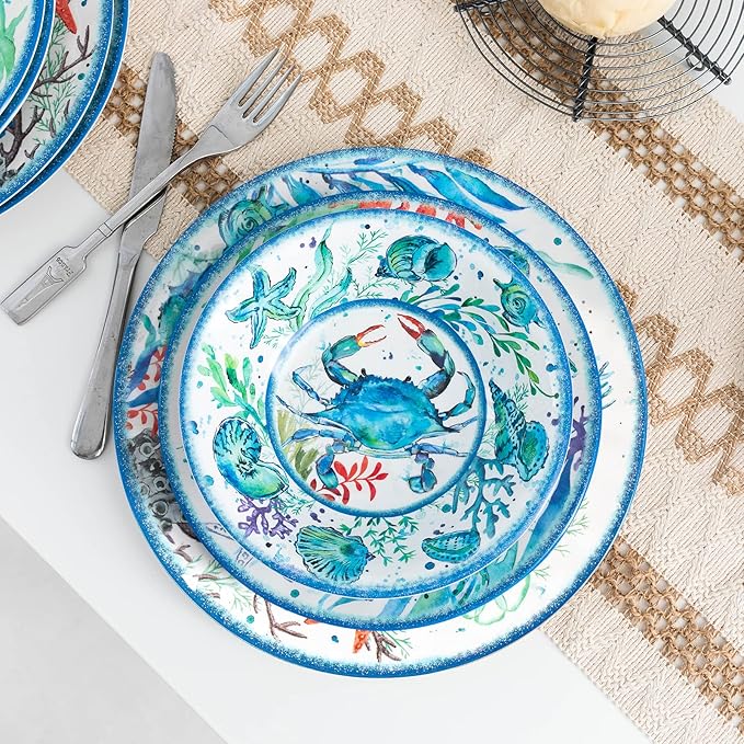 LEHAHA 12-Piece Melamine Beach Dinnerware Set, Coastal Plates and Bowls Sets, Oceanic Sea Life Dish Sets for 4, Great for Indoor Outdoor Dining on the Beach, RV, Camping or Cabin