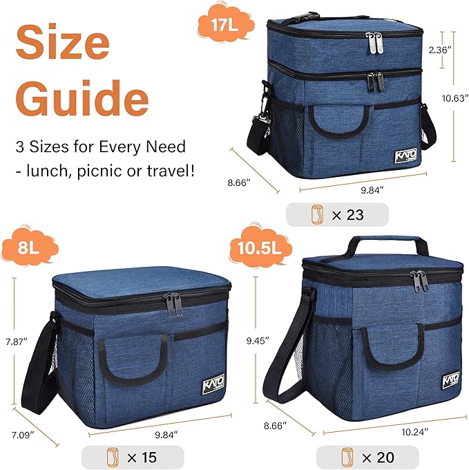 Tirrinia Large Insulated Lunch Box for Women Men, Double-Layer Leak-Proof Reusable Lunch Bag with 4 Pockets for Adult, Lunch Bag Cooler Tote for Office Work and Travel,Dark Blue