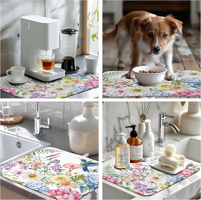 Spring Floral Birds Dish Drying Mat Summer Butterfly Flowers Kitchen Dish Drying Pad Daisy Absorbent Dish Dryer Mat for Kitchen Countertops Microfiber Dishes Drainer Pad (18x24 in)