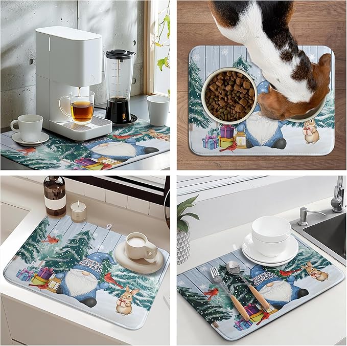 Winter Gnome Dish Drying Mat Christmas Tree Snowman Large Kitchen Mats Dish Drying Pad Bird Absorbent Dish Dryer Mat for Kitchen Countertops Microfiber Drainer Pad Dish Drying Mats (18x24 in)