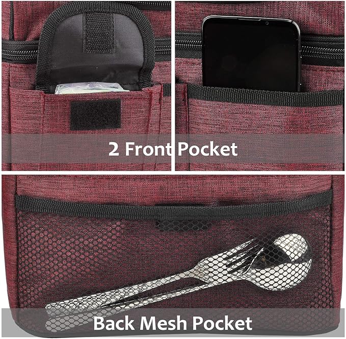 Tirrinia Reusable Lunch Box for Men Women, Insulated Lunch Bag Adult Work, Double Decker Leakproof Lunchbox for Office Picnic Beach—Dual Compartment Lunch Cooler Bag,Red