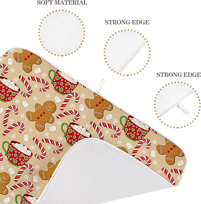 Christmas Dish Drying Mats 18x24 Inch Candy Cane Snowflake Gingerbread Man Drying Mats Xmas Winter Holiday Kitchen Decor Absorbent Drying Pad Rack Drainer Mats for Kitchen Dining Room Counter
