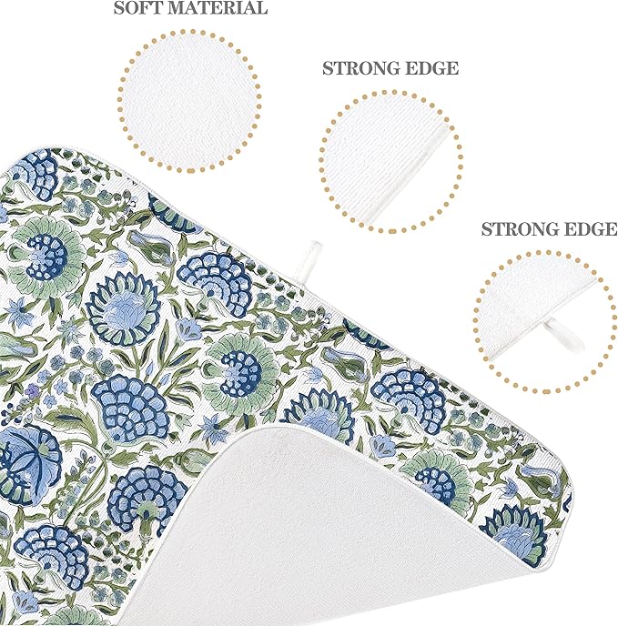 Blue Sage Green Floral Dish Drying Mats 18x24 Inch Sage Green Block Print Flower Holiday Kitchen Decor Absorbent Drying Pad Rack Drainer Mats for Kitchen Dining Room Counter