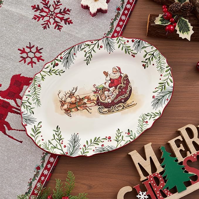 Bico Santa On The Way 16 plus 14 inch Scalloped Oval Platters Set, Set of 2, Microwave and Dishwasher Safe, for Serving Fish, Chicken, Turkey