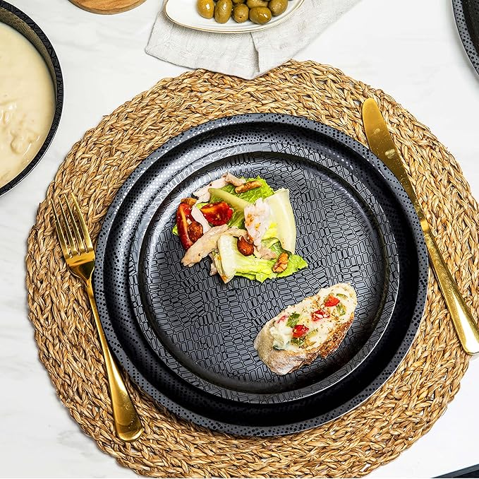 bzyoo 12 Piece Melamine Dinnerware Set - Durable, Dishwasher Safe Black Plates and Bowls - Casual Dining, Parties, Camping Dish Set Mono Black Collection