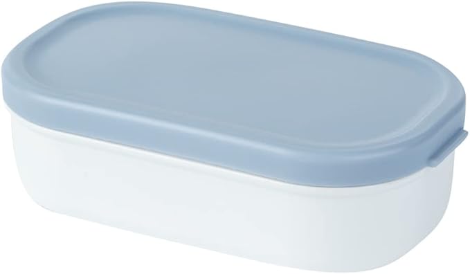 Restaurantware Bento Tek 40.5 Ounces Stackable Lunch Box 1 Reusable Adult Lunch Container - With Utensils Included Sauce Cup Blue & White Plastic Layered Lunch Box Microwavable Dishwashable
