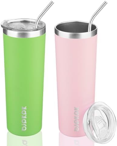 BJPKPK 20 oz Skinny Tumbler with Lid 2 Pack Slim Insulated Travel Coffee Cup Stainless Steel Thermal Mug,Green,Light Pink (Pack of 12)