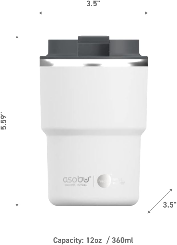 asobu Travel Mug Ceramic Coated Stainless Steel Insulated with Leak and Spill Proof Lid – Fits Standard Cup Holders 12 oz Tumbler (White)