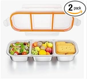 2PCS Stainless Steel 3-Compartment Snack Box with Lid and Leak-Proof Design, Dishwasher Safe for Snacks, Dips, Takeout, Travel, and Outdoor Camping (2-Piece Set) (Large Size)