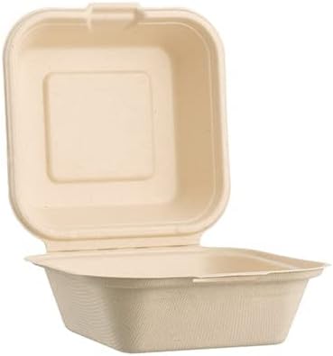 [50 COUNT]Harvest Pack PFAS FREE 6 X 6" Compostable Clamshell Take Out Food Containers, Single Compartment To go Container, Square Heavy-Duty Bagasse Bento Cake Box, from Eco-Friendly Sugarcane Fibers