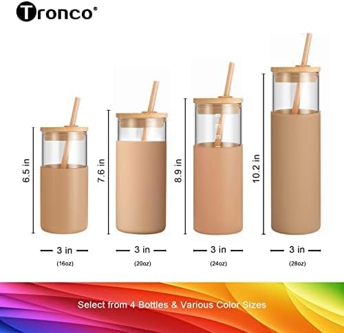 Tronco 20 oz Glass Tumbler with Lid and Straw, Iced Coffee Cup and Smoothie Cup with Bamboo Lids & Protective Silicone Sleeve, Dishwasher Safe, BPA-Free, Glass Cup 8 Pack