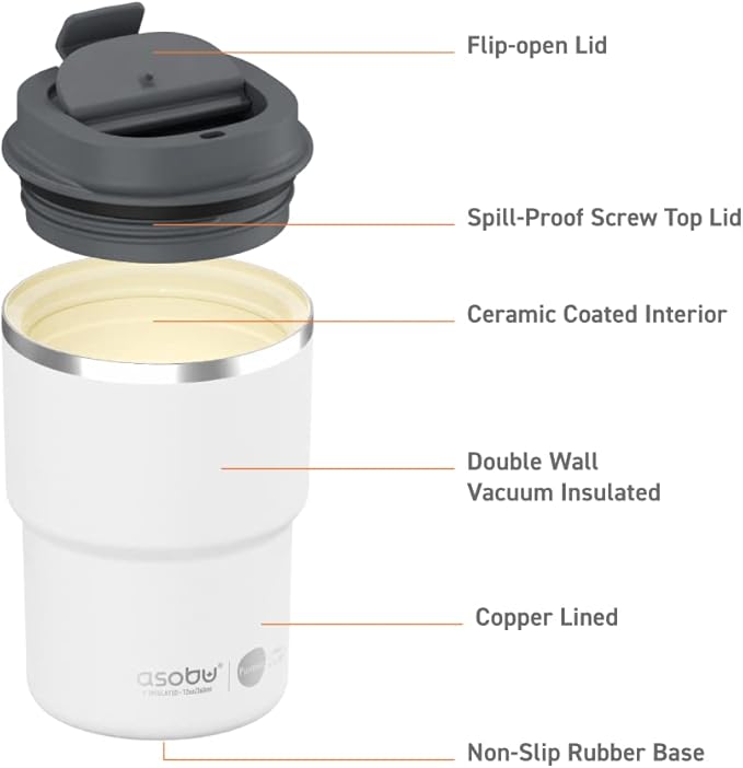 asobu Travel Mug Ceramic Coated Stainless Steel Insulated with Leak and Spill Proof Lid – Fits Standard Cup Holders 12 oz Tumbler (White)
