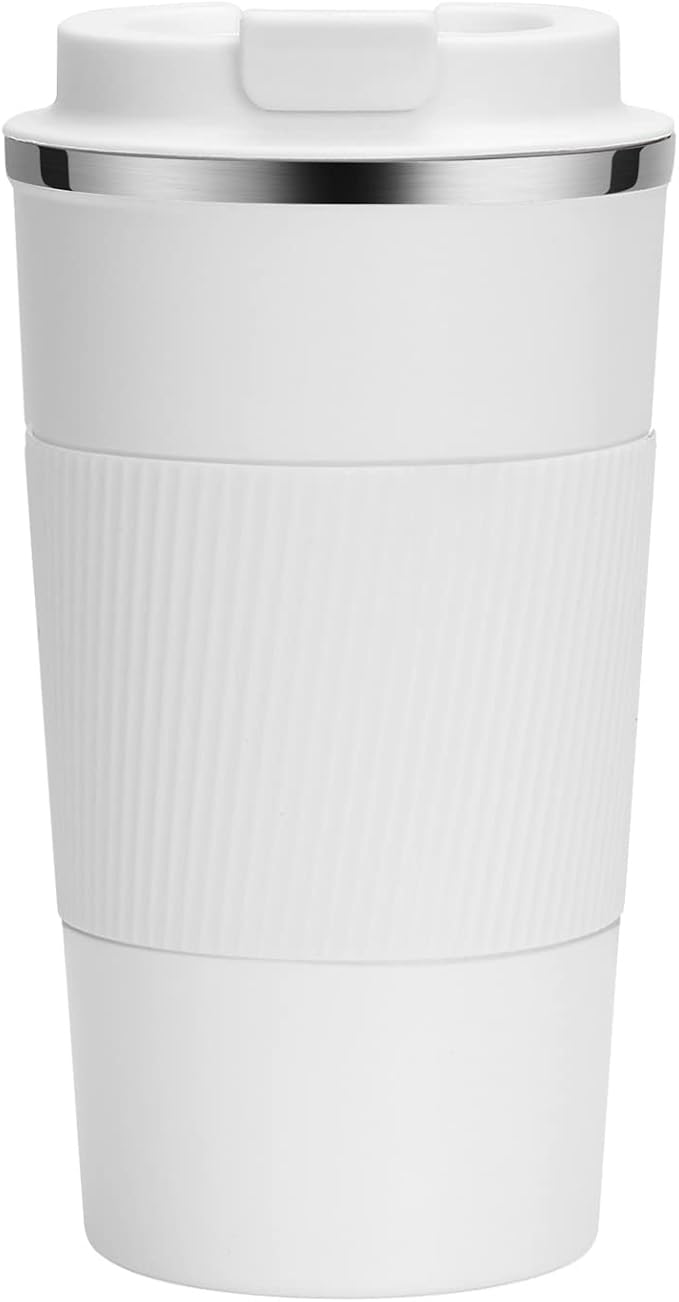 12oz Travel Coffee Cups Insulated Tumbler Thermal Mug to Go with Lid Leak Proof Reusable Stainless Steel Coffee Mug Spill Proof for Hot and Iced Cold Drinks (White, 380ml)