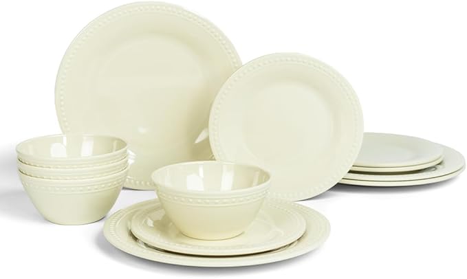 Cream Melamine Dinnerware Sets of 12 Pcs, BPA Free Dishes Set, Plates and Bowls Sets for Indoor Outdoor Dining on the Beach, RV, Camping Use, Lightweight Unbreakable Dishwasher Safe