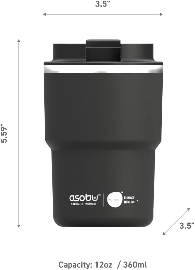 asobu Travel Mug Ceramic Coated Stainless Steel Insulated with Leak and Spill Proof Lid – Fits Standard Cup Holders 12 oz Tumbler (Black)