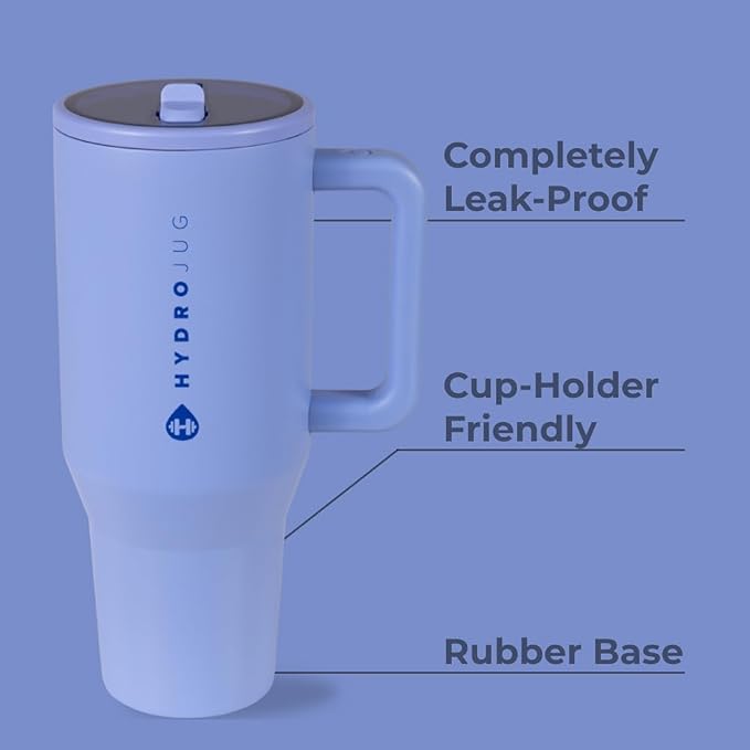 HydroJug Traveler - 40 oz Water Bottle with Handle & Flip Straw - Fits in Cup Holder, Leak Resistant Tumbler-Reusable Insulated Stainless Steel & Rubber Base - Gifts for Women & Men, Peri