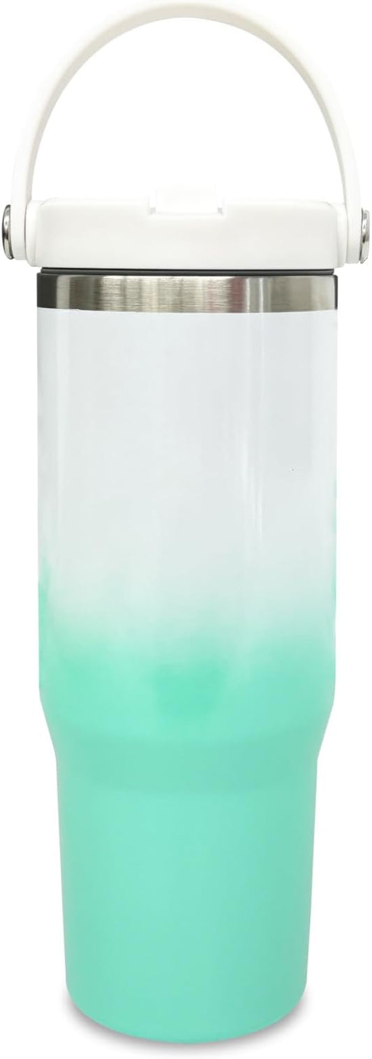 30 oz Tumbler with Handle and Straw, Vacuum Insulated Tumblers with Flip Straw and Top Handle, Leakproof Tumbler, Stainless Steel Travel Mug for Coffee Water, Cold for 20 Hours(Green White Gradient)