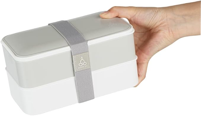 Restaurantware-Bento Tek 40.5 Ounces Stackable Lunch Meal Box, 1 Reusable Adult Lunch Container - With Utensils, Included Sauce Cup, Gray & White Plastic Layered Meal Box, Microwavable, Dishwashable