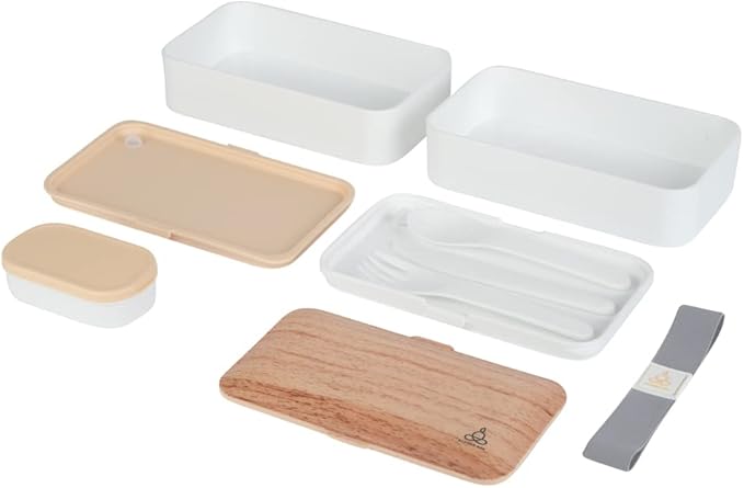 Restaurantware Bento Tek 40.5 Ounces Stackable Lunch Box 1 Reusable Adult Lunch Container - With Utensils Included Sauce Cup Wood Grain & White Plastic Layered Lunch Box Microwavable Dishwashable