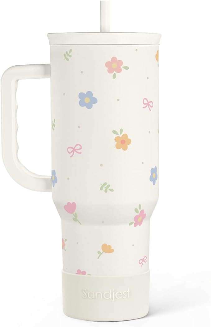 Floral 40oz Slider Tumbler with Handle and Straw - Insulated Stainless Steel Travel Coffee Mug for Women Girls, Gift for Birthday Christmas