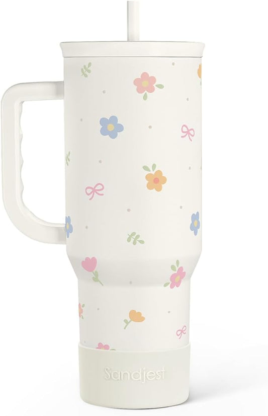 Floral 40oz Slider Tumbler with Handle and Straw - Insulated Stainless Steel Travel Coffee Mug for Women Girls, Gift for Birthday Christmas