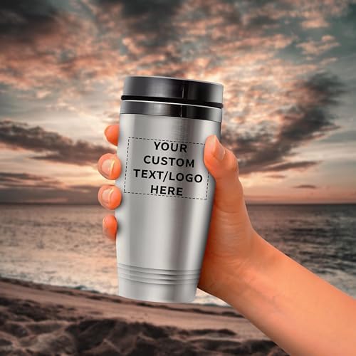 DISCOUNT PROMOS Custom 16 oz Stainless Steel Coffee Tumbler - Custom Cups with Names, Photos, Logos - Personalized Design for Hot & Cold Drinks - Silver