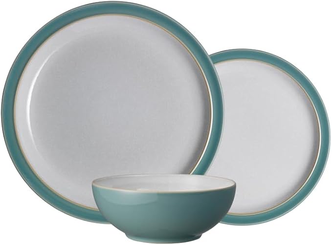 Denby - Elements Fern Green 3 Piece Set For 1 - One Person Ceramic Tableware - Dishwasher & Microwave Safe, Scratch Resistant Stoneware - Includes 1 x Large Plate, Side Plate & Cereal Bowl