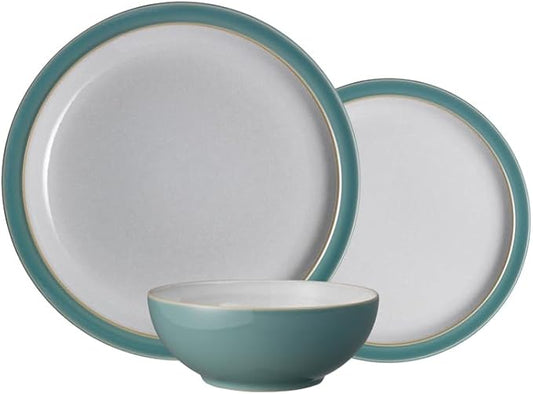 Denby - Elements Fern Green 3 Piece Set For 1 - One Person Ceramic Tableware - Dishwasher & Microwave Safe, Scratch Resistant Stoneware - Includes 1 x Large Plate, Side Plate & Cereal Bowl