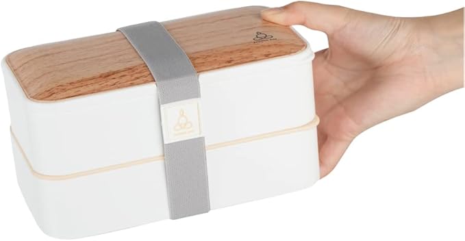 Restaurantware Bento Tek 40.5 Ounces Stackable Lunch Box 1 Reusable Adult Lunch Container - With Utensils Included Sauce Cup Wood Grain & White Plastic Layered Lunch Box Microwavable Dishwashable