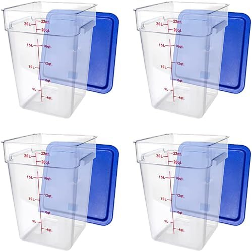 Tiger Chef 22 Quart Commercial Grade Clear Food Storage Square Polycarbonate Containers with Blue Lids (4 Pack)