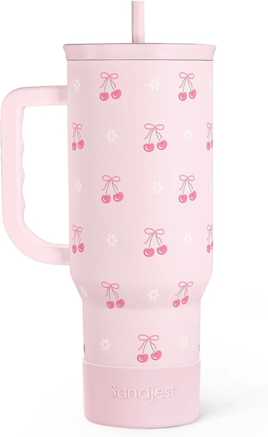 Cherry 40oz Slider Tumbler with Handle and Straw - Insulated Stainless Steel Travel Coffee Mug for Women Girls, Gift for Birthday Christmas