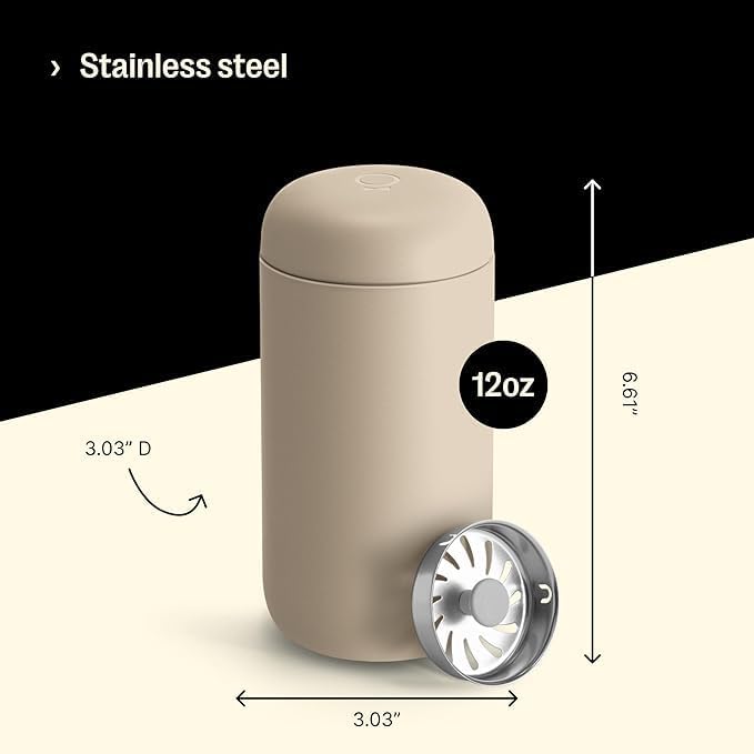 Fellow 12 oz Carter Move Travel Mug - Vacuum-Insulated Stainless Steel Travel Coffee Mug - Coffee Tumbler with Ceramic Interior and Splash Guard - Sand Dune