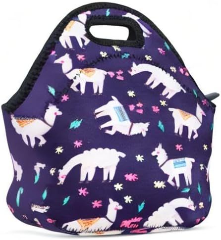 Violet Mist Lunch Bag, Alpaca Pattern, Neoprene Material, 11.42"L x 10.43"H x 5.51"W, 8.7 inches deep, fits containers up to 7"L x 6"W, Machine Washable