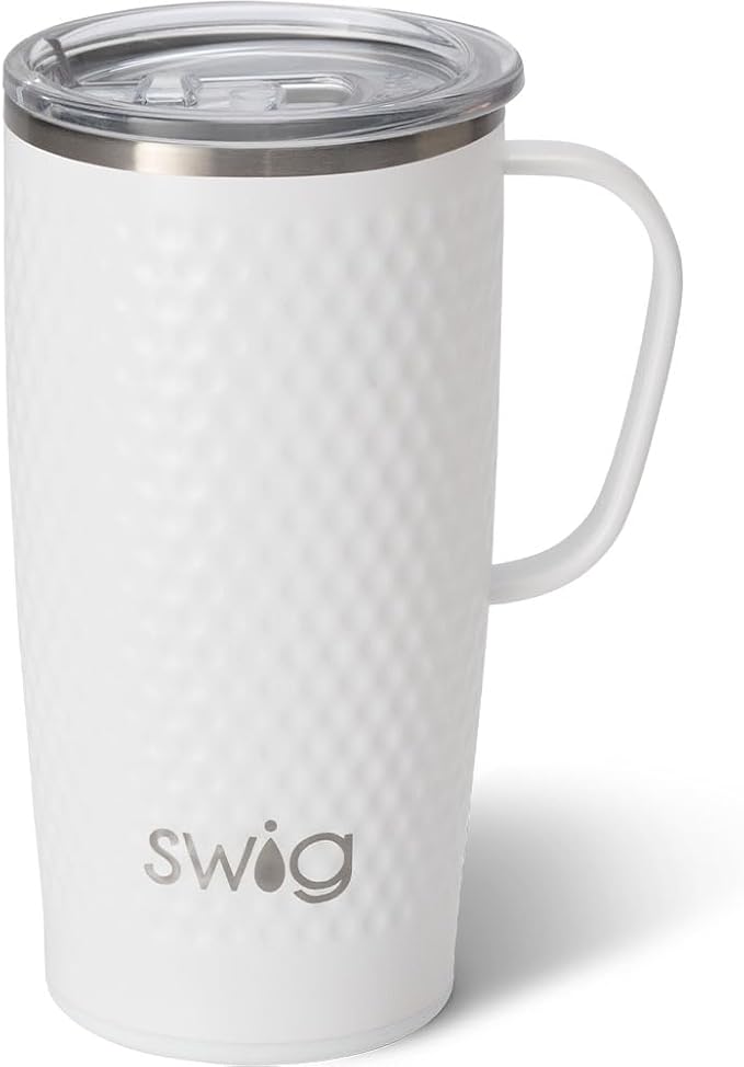 Swig Life 22oz Travel Mug, Insulated Tumbler with Handle and Lid, Cup Holder Friendly, Dishwasher Safe, Stainless Steel, Travel Coffee Cup, Insulated Mug with Lid (Golf Ball)
