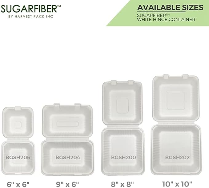 [50 COUNT]Harvest Pack PFAS FREE 6 X 6" Compostable Clamshell Take Out Food Containers, Single Compartment To go Container, Square Heavy-Duty Bagasse Bento Cake Box, from Eco-Friendly Sugarcane Fibers