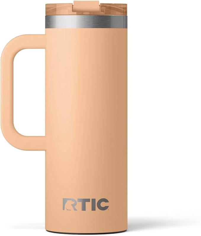 RTIC 20oz Road Trip Travel Mug with Lid and Handle, Ceramic Lined, Insulated, Stainless Steel, Metal, Double Wall Vacuum-Insulation, Portable Coffee, Tea Cup for Hot and Cold Drink, Peach Tea