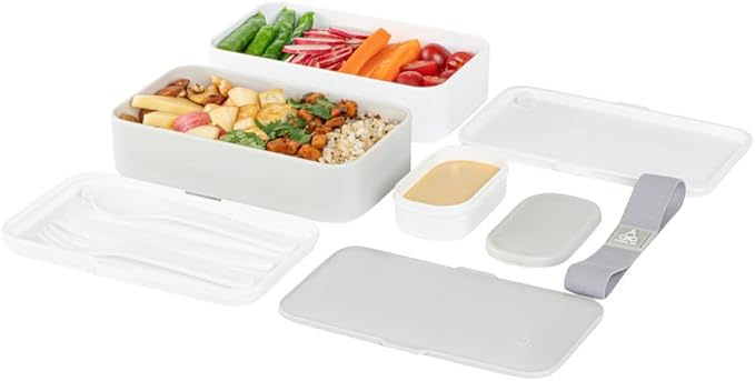 Restaurantware-Bento Tek 40.5 Ounces Stackable Lunch Meal Box, 1 Reusable Adult Lunch Container - With Utensils, Included Sauce Cup, Gray & White Plastic Layered Meal Box, Microwavable, Dishwashable