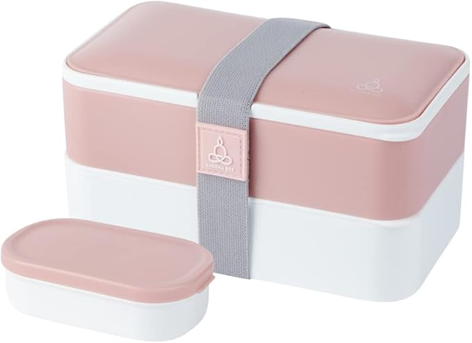 Restaurantware Bento Tek 40.5 Ounces Stackable Lunch Box 1 Reusable Adult Lunch Container - With Utensils Included Sauce Cup Pink & White Plastic Layered Lunch Box Microwavable Dishwashable
