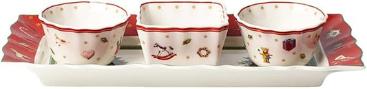 Villeroy & Boch Toy’s Delight Christmas Collection Dip Set, Premium Porcelain, 3 Small Dip Bowls with Presentation Tray, Multicolored